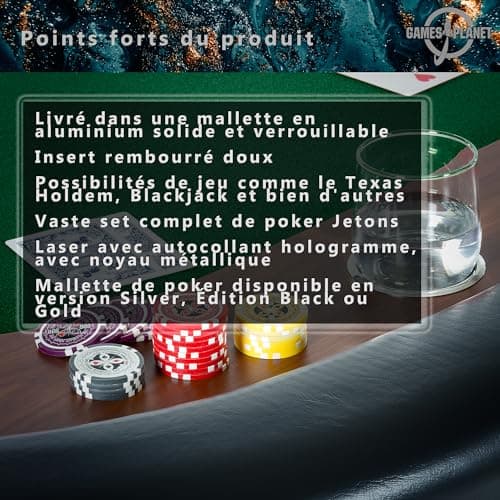 GAMES PLANET Mallette de Poker avec 300 jetons Laser, édition Argent/Or/Noir - Sélection: Argent