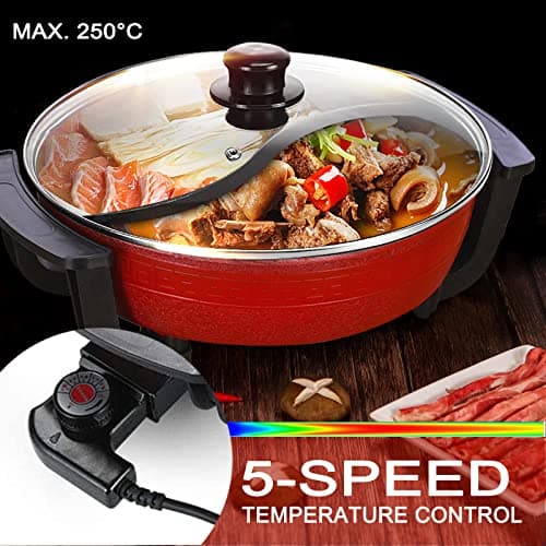 Pot de canard mandarin, Double Hot Pot, Fondue chinoise, Hot Pot électrique multifonctionnel antiadhésif domestique de 6L de grande capacité, Rouge.
