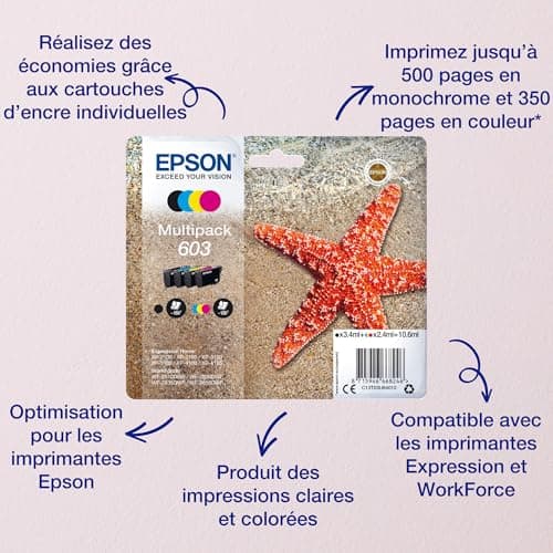 Epson Cartouches d'encre authentiques 603 Starfish, emballage multiple, 4 couleurs, Noir, Cyan, Magenta, Jaune