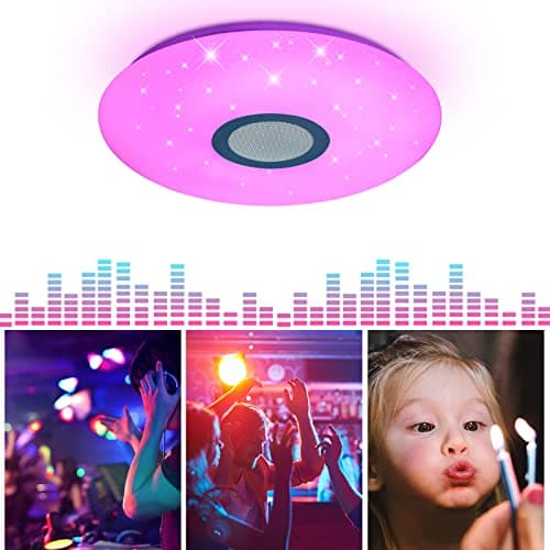 JDONG Plafonnier Bluetooth, LED avec haut-parleur, télécommande et application de contrôle, changement de couleur RGB, intensité variable, étoiles,Bruit blanc, 36 W Ø 40 cm