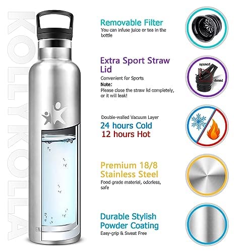 KollyKolla Gourde Isotherme 1L, Gourde Inox avec en Paille, Bouteille d'eau sans BPA, Réutilisable, Anti-Fuite, Bouteille Isotherme Acier Inoxydable pour Enfant, Adultes, Yoga, Sport - 2 Couvercles