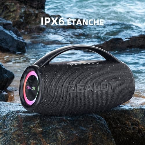 ZEALOT Enceinte Bluetooth, 80W Haut - Parleur Bluetooth avec Boost Bass, étanche ipx6, lumière LED, Banque d'alimentation, Bluetooth 5.2, extérieur, Camping Haut - Parleur Bluetooth