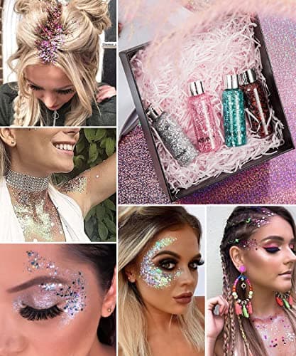 Paillettes Visage, Paillette Maquillage Festival Gel, Chunky Paillette Cheveux Gel, Glitter Body Makeup Pour Musical/Party/Masquerade/Visage/Corps (Blanc)