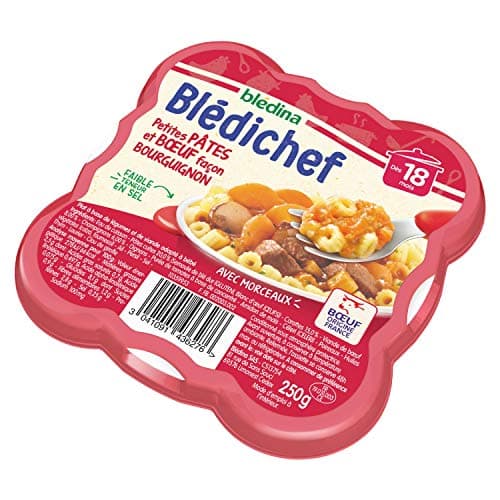 Blédina - Blédichef - Repas Bébé 18 Mois - 9 Plats Pâtes Bœuf Bourguignon - Petits Morceaux - Faible Teneur en Sel - Dès 18 Mois - 9 Assiettes 250g