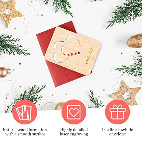 Vicloon Carte de Voeux en Bois, Carte Cadeau, Carte de Voeux en Bois avec Enveloppes pour les Anniversaires la Saint-Valentin les Mariages la Fête des Mères et les Occasions Spéciales (Double Coeur)