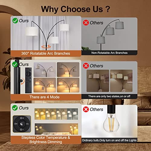 OUTON Arc LED-Stehlampe mit Fernbedienung, dimmbar, modern, schwarz, 3 Lichter, gewölbte hohe Stehlampe, Mid-Century, verstellbare Steh-Ecklampe mit Hängeschirm für Schlafzimmer, Büro, Wohnzimmer