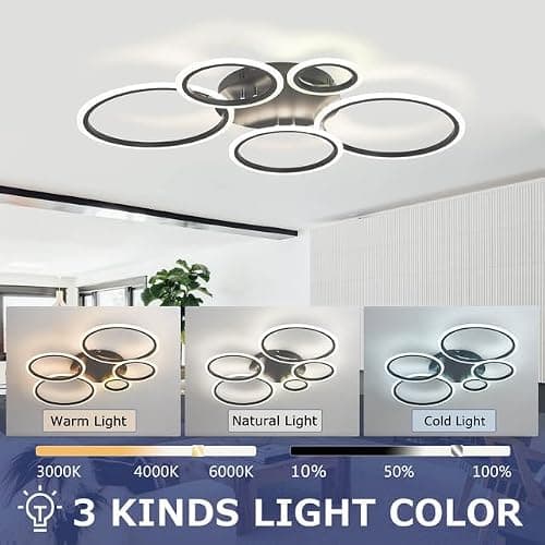 KeLuKes Plafonnier LED Chambre, Lustre LED Salon avec Télécommande, Fonction Mémoire, 3000k-6500k, Minuterie, Plafonnier Anneaux de 100cm, Noir