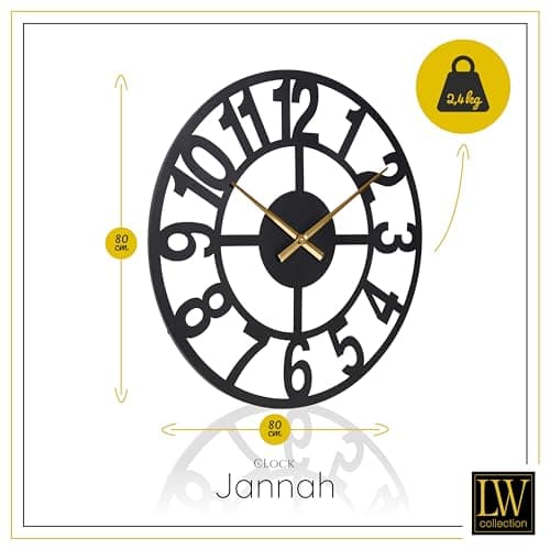 LW Collection Horloge Murale Jannah Noir avec Aiguilles dorées 80 cm - Grande Horloge Murale Industrielle en Métal - Horloge Murale Moderne - Mouvement Silencieux - Horloge Silencieuse