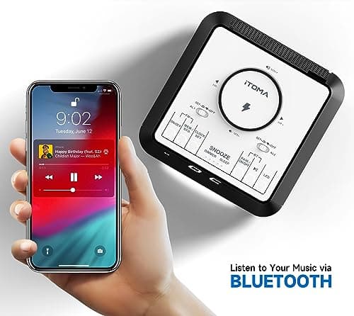 iTOMA Radio réveil Rechargeable sans Fil avec Haut - Parleur Bluetooth, Radio FM de Chevet, Double Alarme avec Snooze, Recharge USB, veilleuse et écran dimmable 205