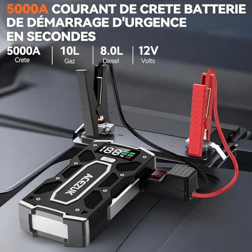 ACEZUK Booster Batterie Voiture 5000A, Démarreur de Batterie de Voiture Portable(Jusqu'à 8.0L Diesel ou 10.0L Gaz), 12V Jump Starter, Pinces Intelligentes avec Écran, Lumière LED, Port de QC3.0
