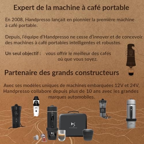 HANDPRESSO Auto Set Capsule - Cafetiere 12V ou 24V | Coffret avec Machine a cafe portable voiture ou camion pour capsules expresso NS avec valisette et tasses.