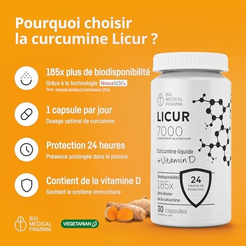 Curcumine avec Vitamine D3 – Biodisponibilité 185x plus élevée – Micellar Curcumin NovaSOL – 1 gélule par jour – équivaut à 6 600 mg d'extrait de curcuma – Licur 7000 + Vitamine D (30 Capsules)