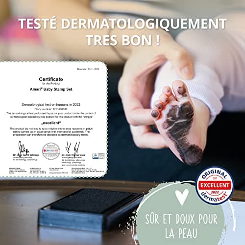 Amari ® Set d'empreintes de main et de pied de bébé avec 2 tampons encreurs et 4 cartes d'impression - Cadeau kit pour bébé - Empreinte de main et de pied avec cadre photo - Baby Party cadeau