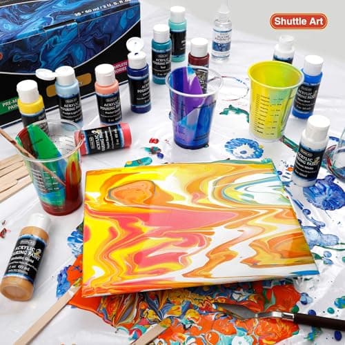 Shuttle Art Kit Peinture Pouring Acrylique (60ml), 36 Couleurs Acrylique Fluide Pré-Mélangée avec Huile de Silicone, Peinture à Couler pour Toile,Papier,Bois,Roche,Statue