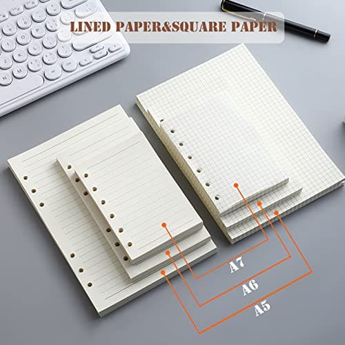 DY.2ten Lot de 3 carnets A7 rechargeables, feuilles lignées A7, pochettes transparentes à fermeture éclair, intercalaires A7, marqueur de règle A7, recharge de papier pour classeurs A5 à 6 anneaux