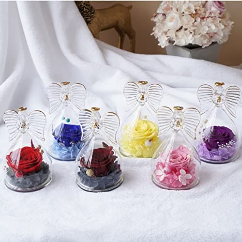 Sunia Cadeau Femme Noel, Rose Eternelle Cadeau Maman Noel, Ange Figurine en Verre avec Fleur Eternelle,Cadeau Maman Mamie, Cadeau Anniversaire Femme, Cadeau Noel Saint Valentin,Ange Gardien Vraie Rose