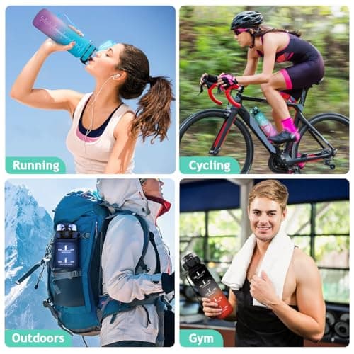 Vikaster Gourdes, Gourde 1Litre, sans BPA, Étanche & Réutilisable, Bouteille d'eau avec Marqueur de Temps et Filtre, Convient Pour la Enfant & Adulte, Gym, Yoga, Camping, Sport, Gourde Randonnée