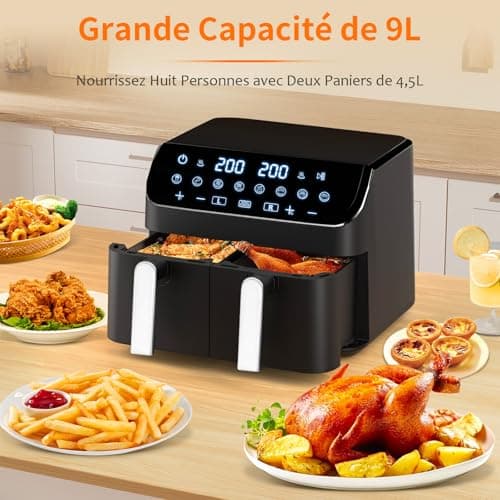 YASHE Dual Zone Air Fryer, 9L Friteuse Sans Huile avec 2 Tiroirs, 8-en-1 Programmes de Cuisson Écran Tactile Friteuse Air Fryer, Fonctions Match Cook & Smart Finish Friteuse Air Chaud