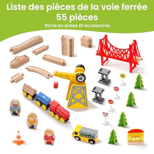 Tiny Land 55 Pcs Circuit Train en Bois, Train Enfant with Grue, Train et Piste Compatible avec Brio Compatible avec Thomas et Grandes Marques Mainstream, Train Jouet pour Enfants 2~5 Ans