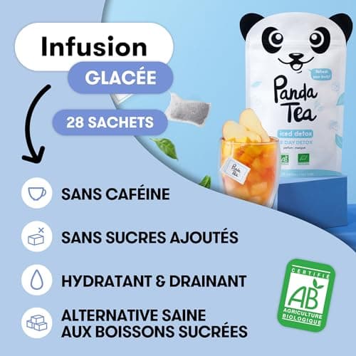 Panda Tea - Iced detox - Infusion Glacée Détox - 28 sachets mousselines Hibiscus Mangue Certifié Bio - Hydratation