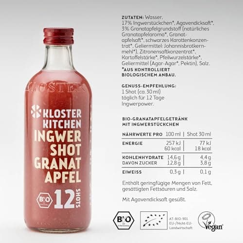 Kloster Kitchen Shot de Gingembre Bio Grenade 12SHOTS 360 ml avec morceaux de gingembre I vegan I bouteille en verre I doux-épicé sans additifs & (incl. 0,25€ consigne non consignée)
