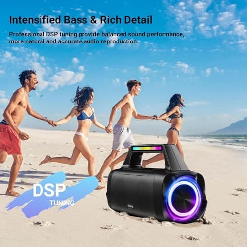 AKONE Enceinte Bluetooth Puissante, 80W Haut Parleur Bluetooth Basses Renforcées avec lumière, Double Appairage Stéréo Enceinte Portable, IP67 Étanche pour Extérieur,Fêtes,Plage,Camping