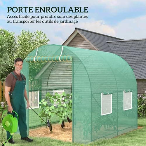 Outsunny Serre de Jardin Tunnel 5 m2 2,5L x 2l x 2H m Acier renforcé Ø 1,8 cm + PE Haute densité 140 g/m2 fenêtres Porte déroulante Vert