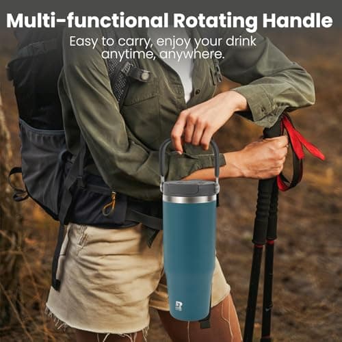 Riley Joy Gourde Isotherme 2.0 - Travel Mug Isotherme 1.2L - Gobelet avec Paille Poignée, Thermos Café pour Chaud ou Glacé en Acier Inoxydable sans BPA pour Voyage Camping