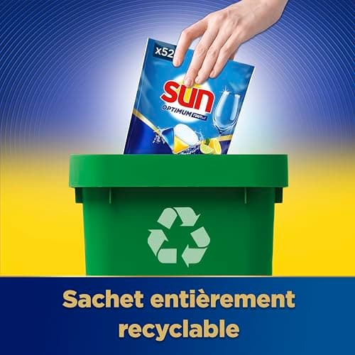 SUN - Optimum Pastilles Lave-Vaisselle Tout en 1-52 capsules - parfum agrumes - nettoyage impeccable - tablettes efficaces même en cycle court
