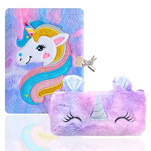 TOYESS Journal Intime Fille avec Cadenas, A5 Licorne Ensemble de Carnet Secret en Peluche Comprend une Licorne Cahier et une Licorne Trousse à Crayons, Cadeau pour Fille de 6 7 8 9 10 11 Ans, Violet