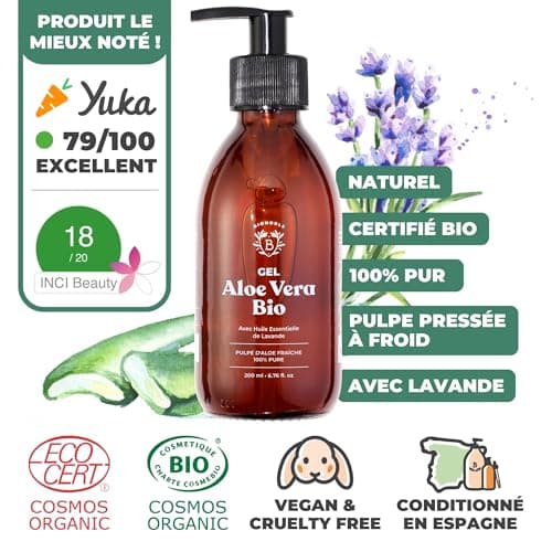 Bionoble Gel Aloe Vera Bio 100% Pur Aloe 200ml + Pompe - Bouteille en Verre - Gel Aloe Vera Cheveux Bouclés, Hydratant Crème Aloe Vera Visage, Soin Coup de Soleil Corps - Vegan Aloe Vera Gel Bio