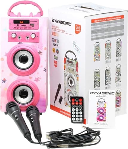 Machine à Karaoké Portable DYNASONIC avec 2 Micros, Enceinte Haut-Parleur Bluetooth, Designs Exclusifs, Lecteur USB/SD, Lumières, Cadeau pour Enfants (Modele 15 lumière)