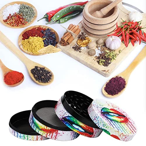 Grande Moulin à épices Impression en couleur, Spespo Herb Moulin Broyeur 2.5"(63mm), Avec Pollen Catcher, Alliage de zinc durable, pour Herbes, Pollen, Fleurs (Lips Pattern)
