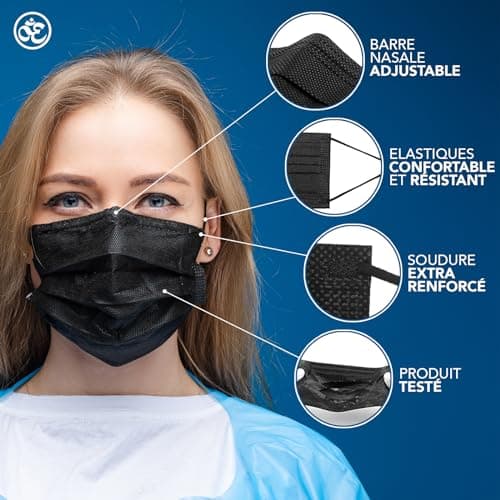S&S Médical Lot de 100 Masques CHIRURGICAUX noir certifiés CE Type IIR BFE ≥ 98% DISPOSITIF MÉDICAL 3 couches de protection chirurgical Ministère de la Santé + crochet d'oreille (100 | Noir)