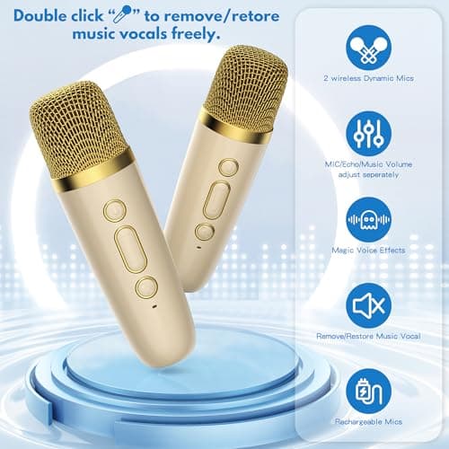JYX Machine de Karaoké avec 2 Microphones sans Fil, Karaoke Portable Jouets avec Lumières LED Enfants Adultes, Mini Karaoke Bluetooth, Idee Cadeau Enfants 5,6,7,8,9,10,11,12,13,14,15 Ans Noir/Beige