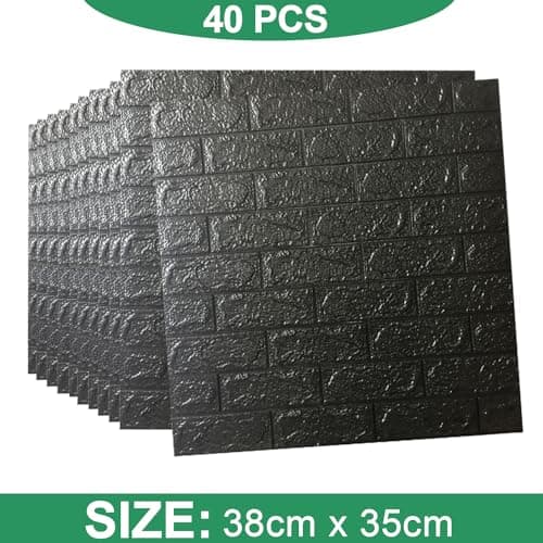 40 pièce Papier Peint Brique 3D Brique Pierre Adhesif Mural Autocollant, 38 ×35 cm Noir Stickers Panneaux Muraux 3D Mural, Dalle PVC Adhesive Murale, Panneau Mural Decoratif