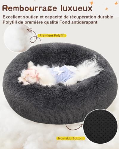 KSIIA Panier Chien Chat, Coussin Chat en Peluche Lavable, Ø 50 cm, Lit en Forme de Donut, Lit Rond pour Chat, Tapis pour Petit Chat et Chien, Gris Foncé