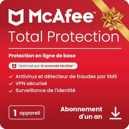 McAfee Total Protection 1 appareil 2025 |12 mois|VPN sécurisé, logiciel de sécurité avec antivirus,gestionnaire de mots de passe et surveillance de l'identité | Téléchargement
