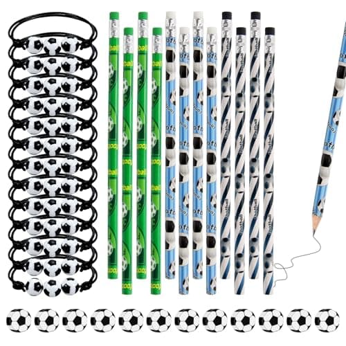 XIAQICA 12 Crayons de Football avec Gomme+ 12 Gommes de Football en Plastique + 12 Bracelet Tressé Football Réglable Ensemble Papeterie Football Enfant Remplisseurs de Sacs de Fête de Football