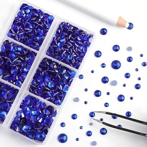 BEADSLAND Strass Hotfix, 6080PCS Strass Bleue Thermocollant pour Vetement Mixte 6 Tailles avec Crayon de Cire et Kit Pince à Épiler, SS6-SS30,Saphir