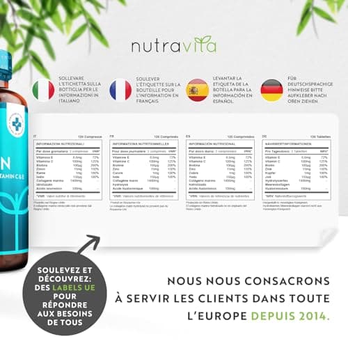 Collagene Marin + Acide Hyaluronique 1400mg avec Vitamine C Vitamine E Biotine Zinc et Cuivre - 120 Comprimés pour 2 Mois, Collagene et Acide Hyaluronique pour Hydratation de la Peau - Nutravita