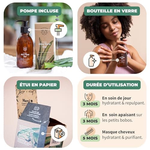 Bionoble Gel Aloe Vera Bio 100% Pur Aloe 200ml + Pompe - Bouteille en Verre - Gel Aloe Vera Cheveux Bouclés, Hydratant Crème Aloe Vera Visage, Soin Coup de Soleil Corps - Vegan Aloe Vera Gel Bio