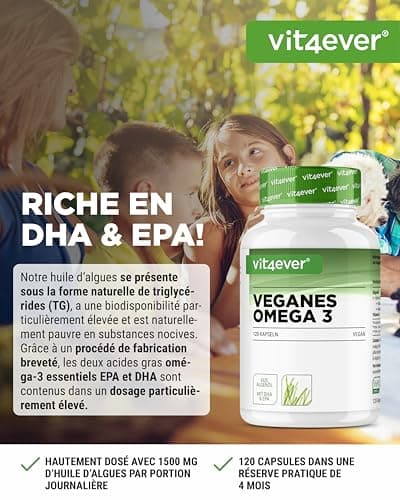 Omega 3 vegan - 120 gélules - Hautement dosé avec 1.500mg d'huile d'algues par dose journalière - Premium : matière première de marque life's®Omega - Faible en polluants - Hautement dosé