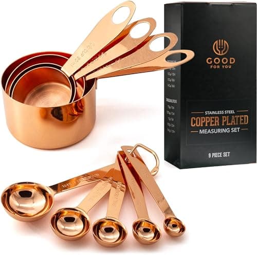 Lot de 9 pièces de tasses et cuillères à mesurer de cuisine et pâtisserie, en acier inoxydable cuivre chromé, avec mesures gravées, pour ingrédients secs ou liquides