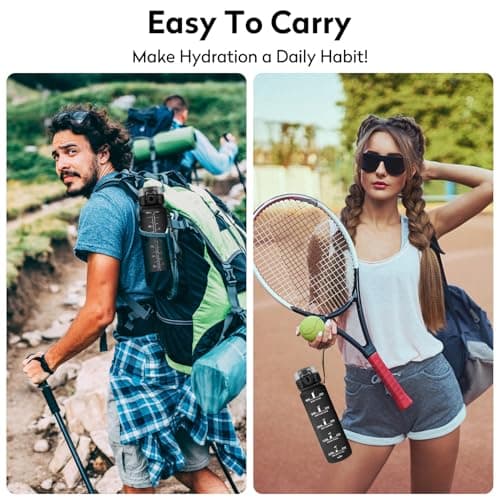 KollyKolla Gourde 1L Sport, Gourde Sport, Bouteille d'eau 1 Litre avec Marqueur de Temps et Filtre, Étanche, sans BPA, Water Bottle pour Enfant, l'école, Cyclisme, Fitness, Yoga, Bureau, Gym