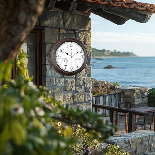 Lafocuse 30cm Horloge Murale Exterieure Etanche avec Thermomètre et Hygromètre, Vintage Marron Pendule Murale Retro, Silencieuse Shabby Chic Deco pour Extérieur, Jardin, Balcon, Salle de Bain, Cuisine