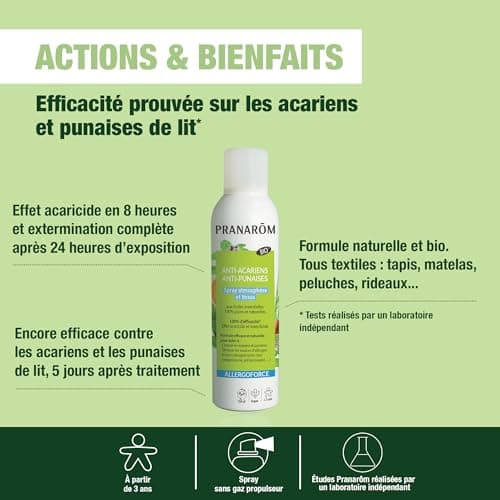 Pranarôm – Spray anti-acariens et punaises de lit ALLERGOFORCE – Efficacité prouvée – Elimine 100% des acariens et punaises de lit - 150 ml