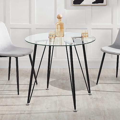 [en.casa] Table Ronde en Verre pour Salle à Manger Petite Table Stylée pour Salon Cuisine Chambre Bureau Café Verre Trempé Acier Laqué 72 x 80 cm Transparent Noir