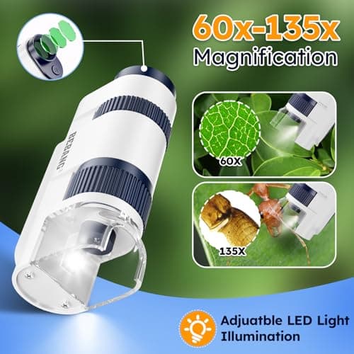 BEBANG Microscope pour Enfants, Mini Microscope 60x-135x, Microscope Portable de Laboratoire avec lumières LED Ajustables, Microscope à Main de Poche et Adultes Observation microbiologique