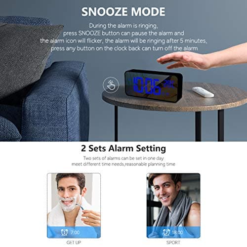 HOMVILLA Réveil Numérique avec Grand Affichage de la Température LED, Alarme de Miroir Portable avec Double Alarme Roupillon Temps Gradateur de Luminosité Réglable sur 4 Niveaux (Noir-1)